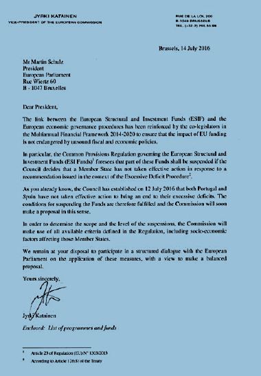 Carta de la Comisión al Parlamento Europeo